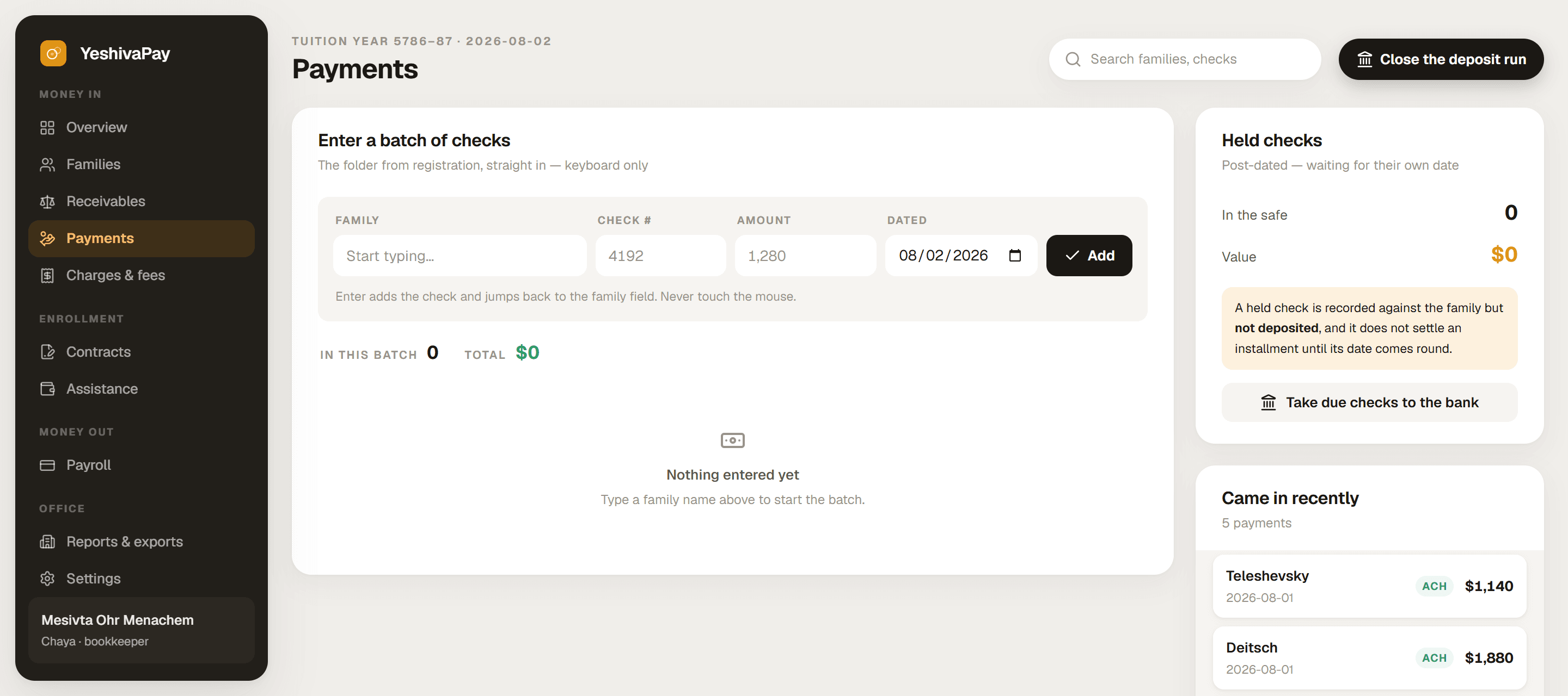 The batch cheque entry screen: family, cheque number, amount and date in one row, with a panel explaining that post-dated cheques are held rather than deposited.