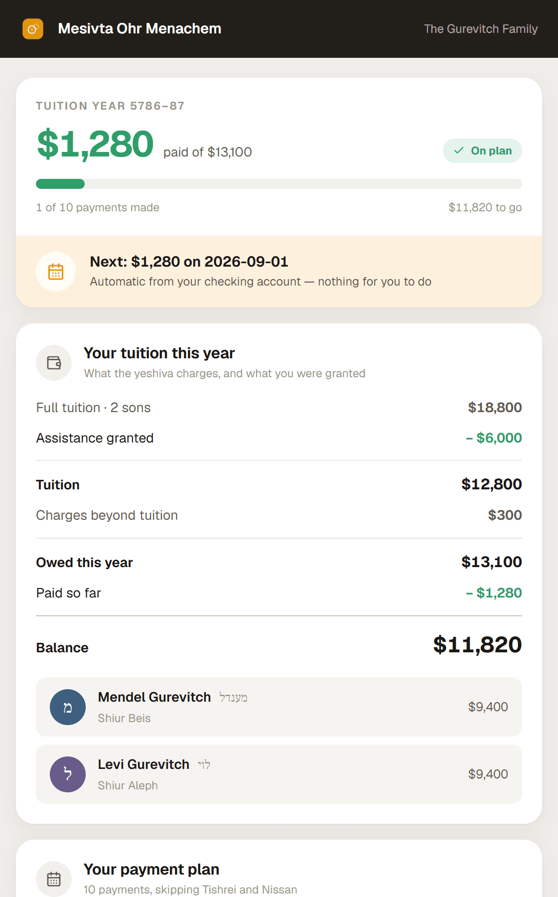 A parent's account on a phone: what has been paid of the year, the next payment due, what the year is made of including the assistance granted, and the payment plan.